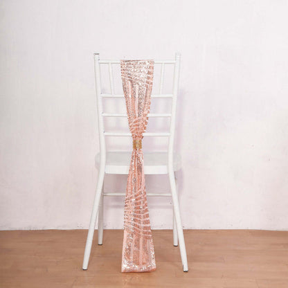 Pink sequin chair sash elegantly draped on a white chair.