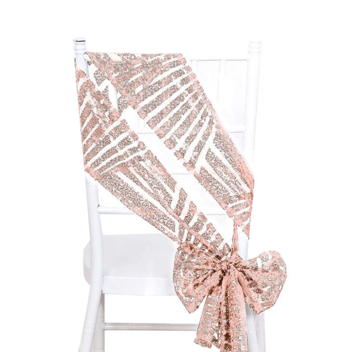 Rose gold sequin chair sash draped elegantly on a white chair.