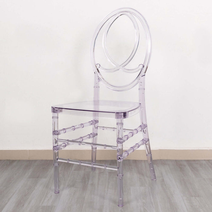 Clear acrylic chair with circular backrest, modern design.