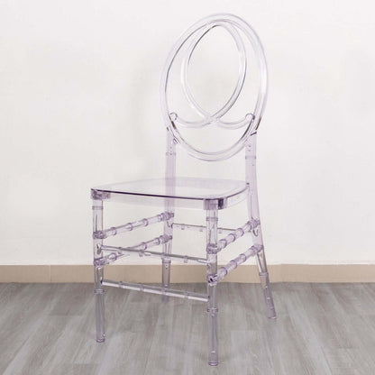 Clear acrylic chair with circular backrest, modern design.
