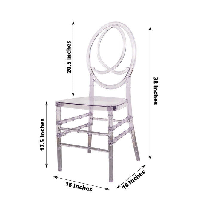 Clear acrylic chair with dimensions 20.5"x16"x38" on white background