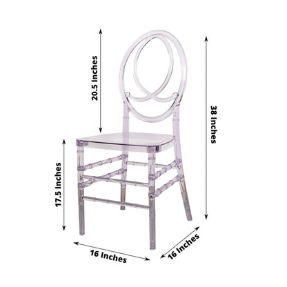 Clear acrylic chair with dimensions 20.5"x16"x38" on white background