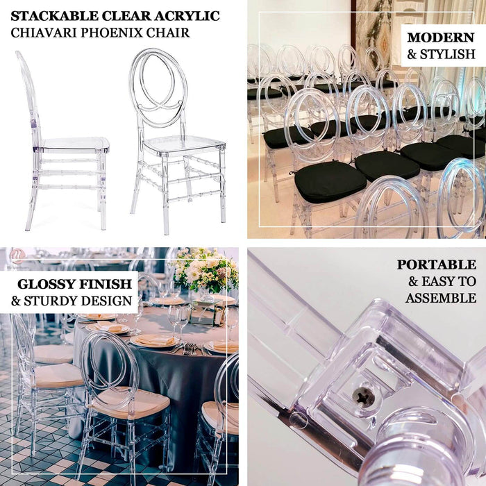 Stackable clear acrylic Chiavari Phoenix chair, modern and stylish design.