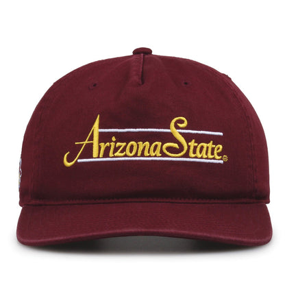 Arizona State Sun Devils Original Heritage Bar Snapback in maroon, front view of embroidered school script and bar design