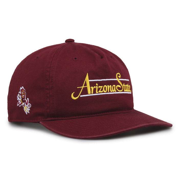 Arizona State Sun Devils Original Heritage Bar Snapback in maroon, angled view showing matching crown and brim