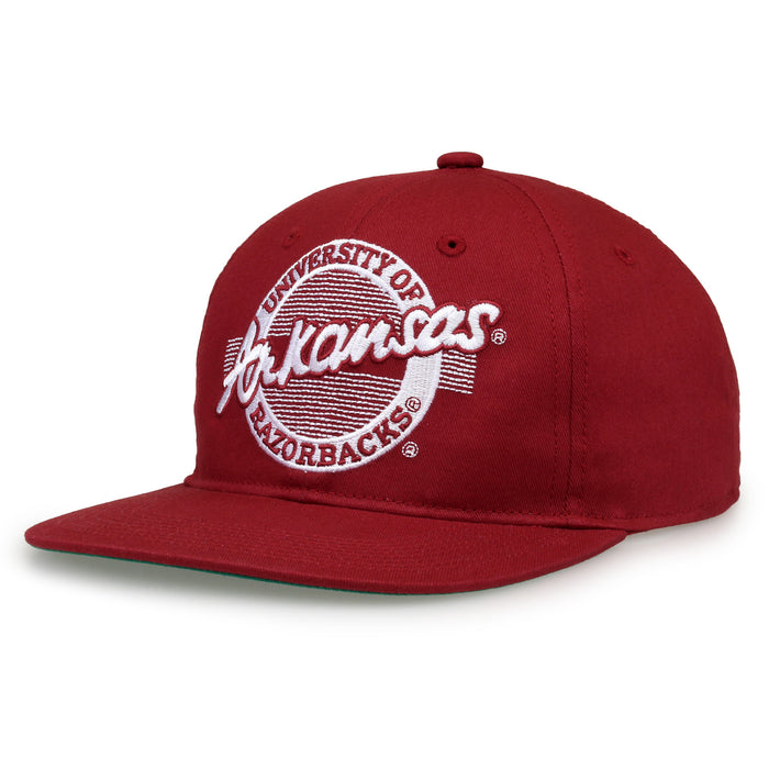 Arkansas Razorbacks Retro Circle snapback hat in cardinal red, angled view