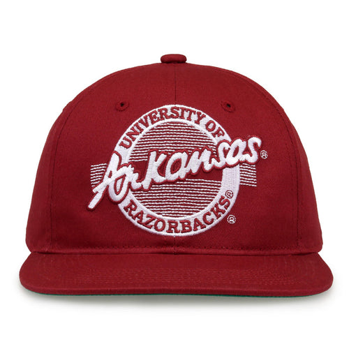 Arkansas Razorbacks Retro Circle snapback hat in cardinal red, front view