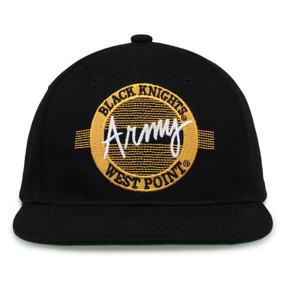 Army Retro Circle snapback hat in black, front view