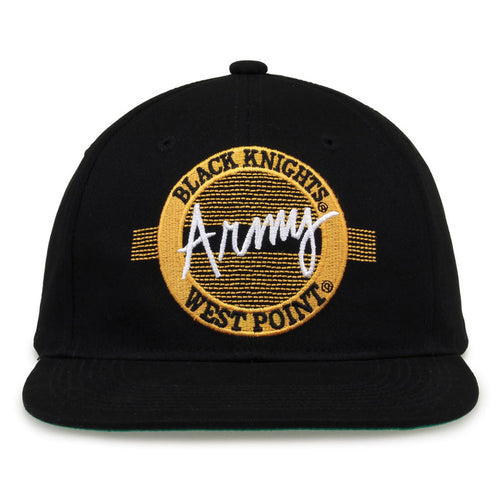 Army Retro Circle snapback hat in black, front view