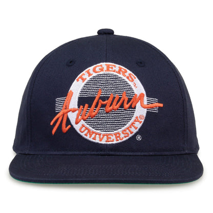 Auburn Retro Circle snapback hat in navy, front view