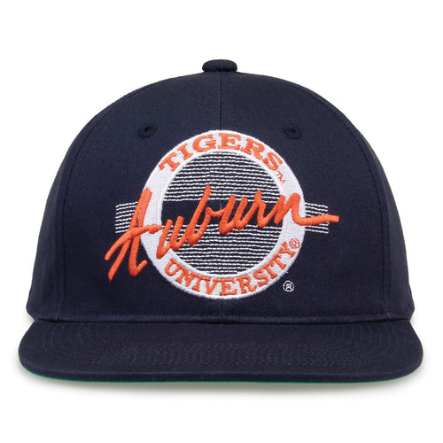 Auburn Retro Circle snapback hat in navy, front view