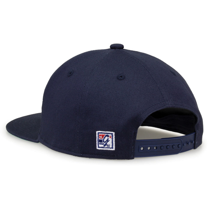 Auburn Retro Circle snapback hat in navy, rear view showing the adjustable snap closure