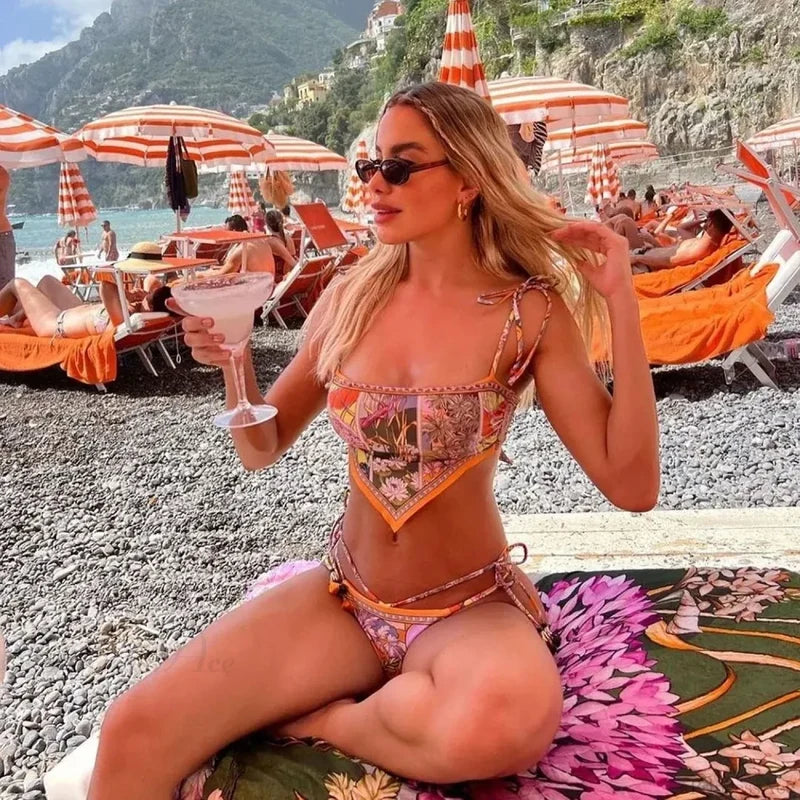 Backless Print Dot Halter Bikini Set