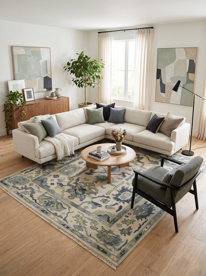 Hand-knotted Oushak wool area rug in beige, charcoal, and green with geometric motif