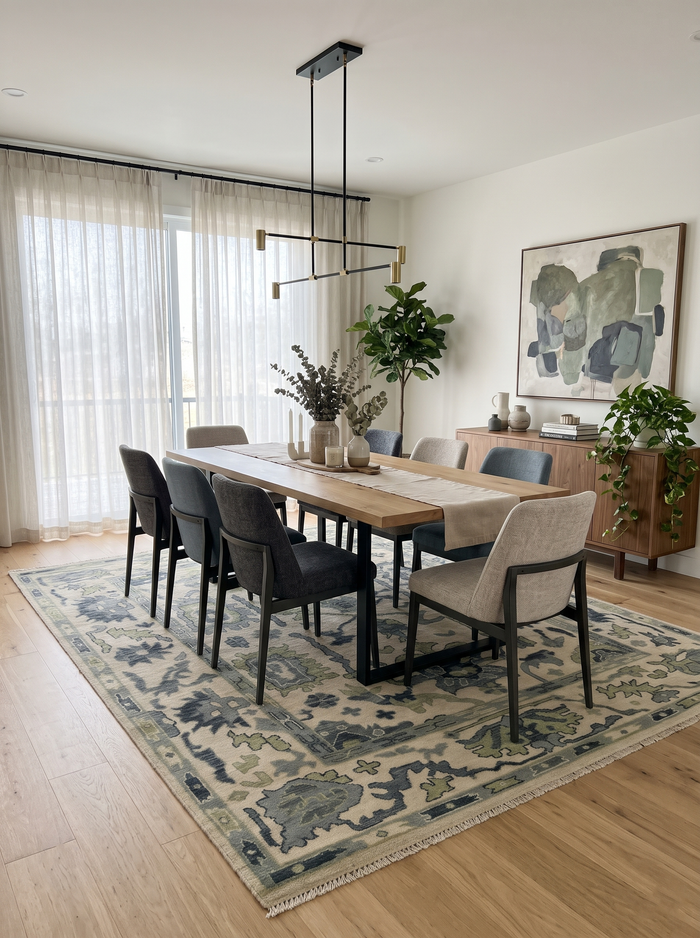Hand-knotted Oushak wool area rug with blue-gray ground and beige, charcoal, green pattern