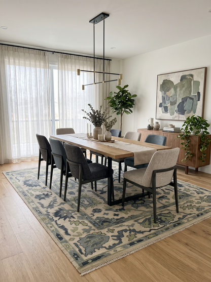 Hand-knotted Oushak wool area rug with blue-gray ground and beige, charcoal, green pattern