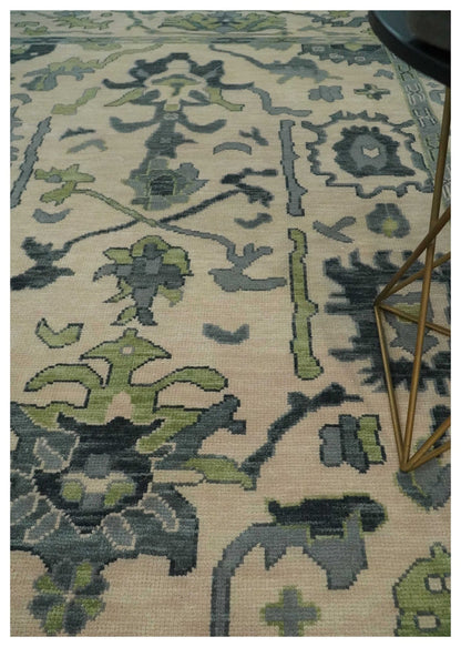 Pink, Charcoal and Green Hand knotted Oushak Traditional Wool Area Rug - The Rug Decor