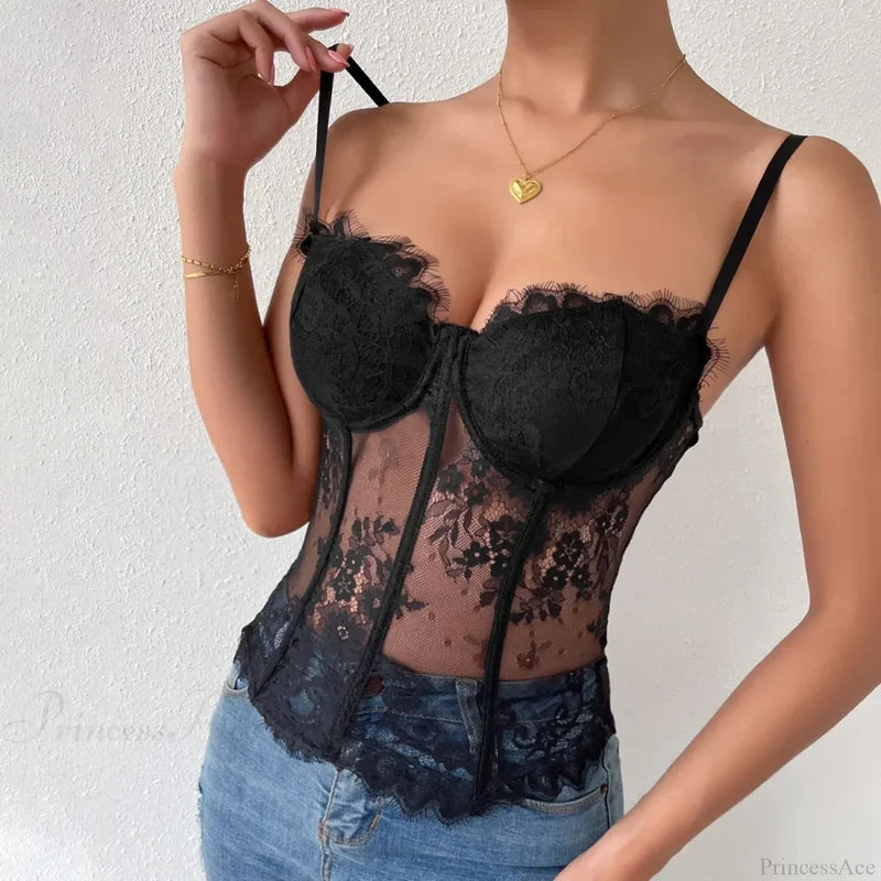 Black Lace Eyelash See-through Fishbone Bustier Black / XS croptop-250126