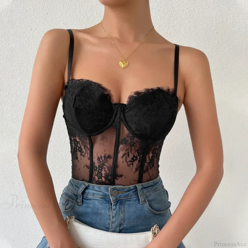 Black Lace Eyelash See-through Fishbone Bustier croptop-250126