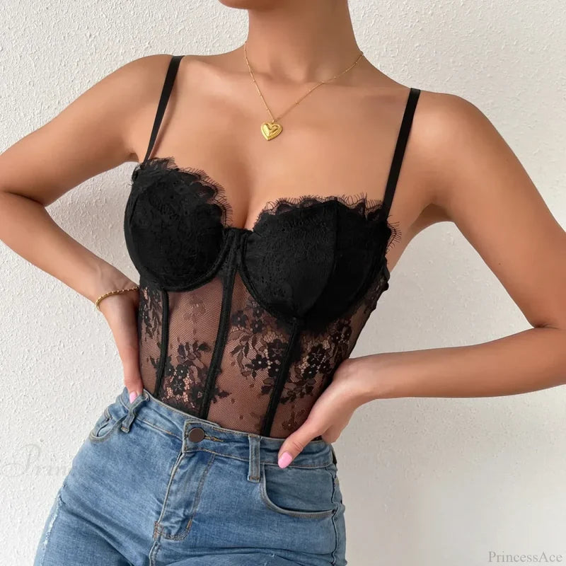 Black Lace Eyelash See-through Fishbone Bustier croptop-250126