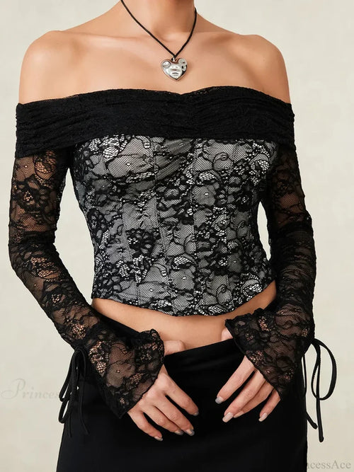 Black Lace Floral Sheer Off-shoulder Slim Corset Top croptop-250126