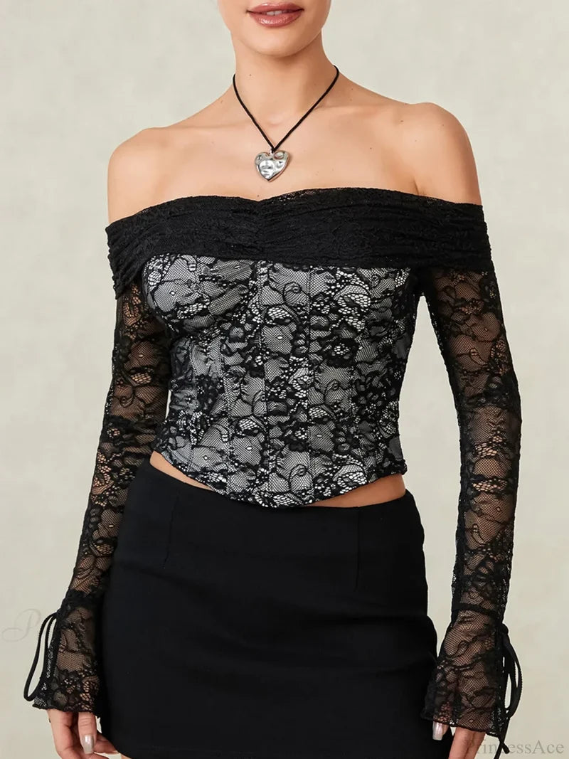 Black Lace Floral Sheer Off-shoulder Slim Corset Top croptop-250126