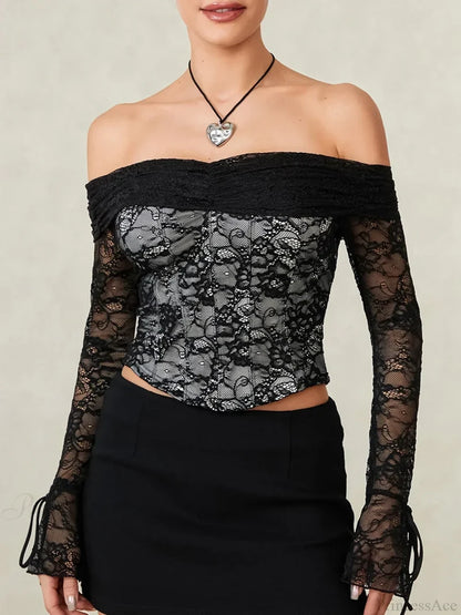 Black Lace Floral Sheer Off-shoulder Slim Corset Top croptop-250126
