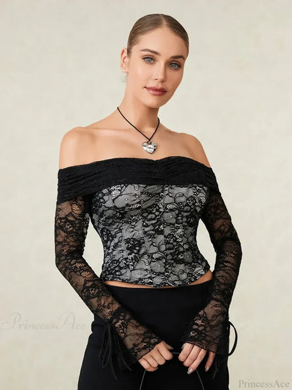 Black Lace Floral Sheer Off-shoulder Slim Corset Top croptop-250126