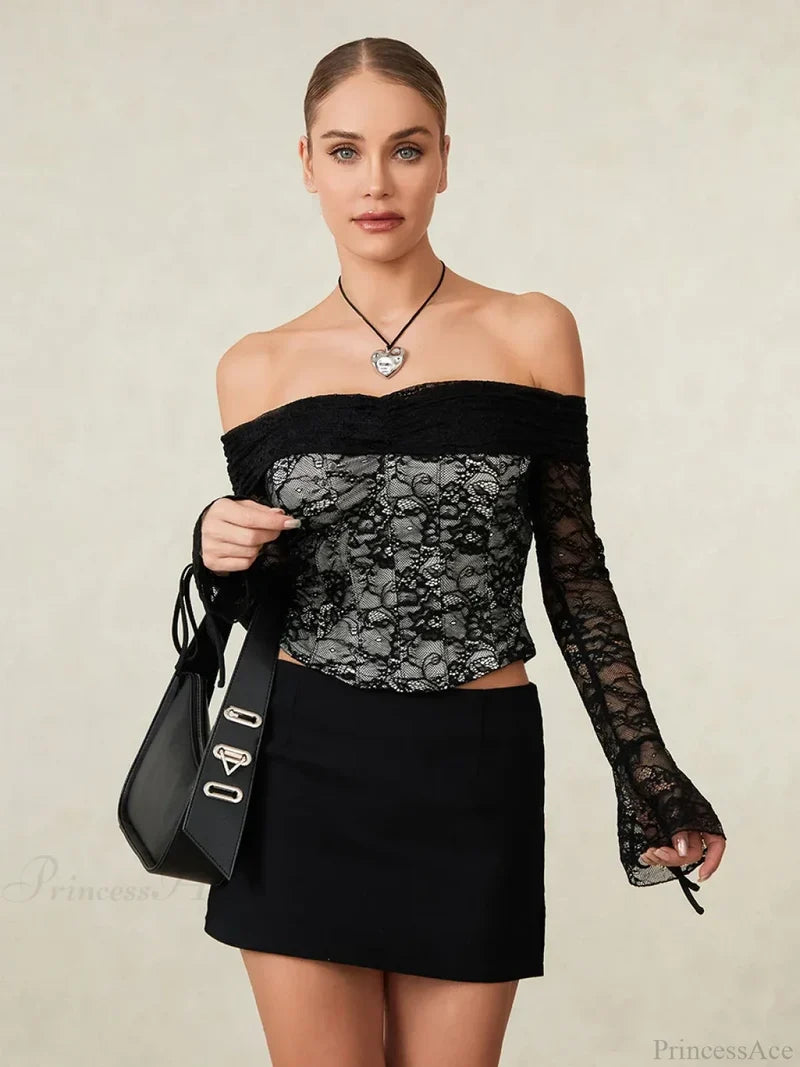 Black Lace Floral Sheer Off-shoulder Slim Corset Top croptop-250126