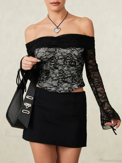 Black Lace Floral Sheer Off-shoulder Slim Corset Top Black / S croptop-250126