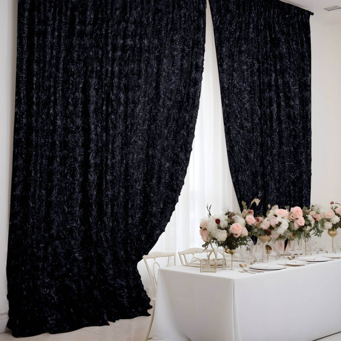 Black textured curtains draping a bright dining setup with floral centerpieces.