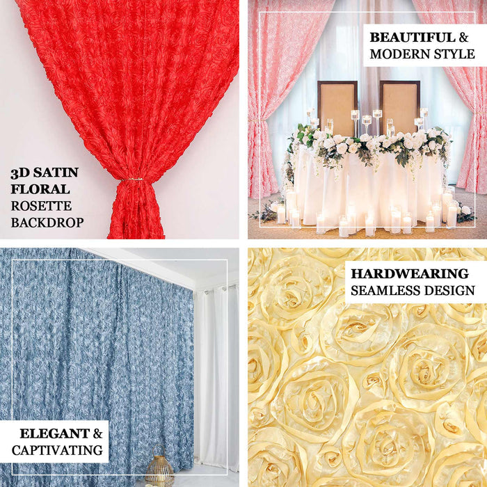 3D satin floral rosette backdrop in red, blue, and gold styles for events and decor.