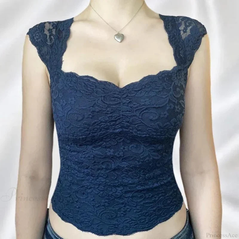 Blue Floral Lace Milkmaid Y2K Crop Top croptop-250126