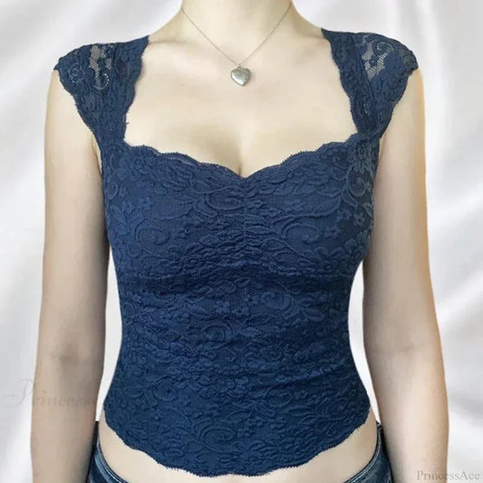 Blue Floral Lace Milkmaid Y2K Crop Top croptop-250126