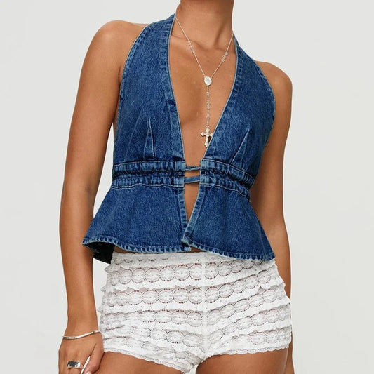 Bow Tie-Up Denim Crop Top