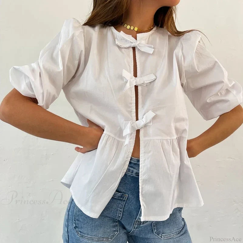 Bowknot Front Hollow Out Vintage Ruffles Puff Sleeve Elegant Sweet Y2K Crop Top WHITE / S croptop-250126