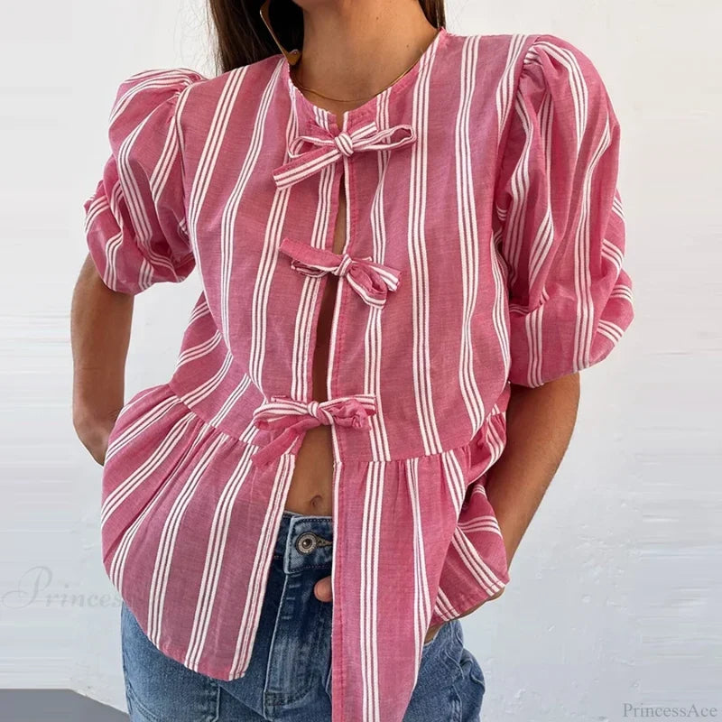 Bowknot Front Hollow Out Vintage Ruffles Puff Sleeve Elegant Sweet Y2K Crop Top croptop-250126