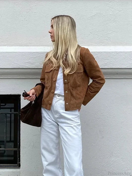 Brown Woolen Long Sleeve Short Coat