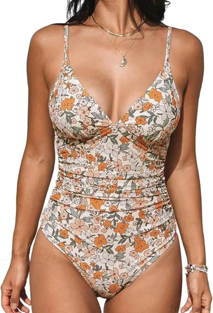 Burgundy Shirring Deep V One Piece Set apricot blossom / S