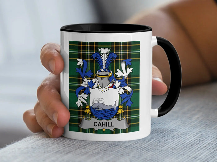 Cahill Irish family crest 11oz ceramic accent mug with black handle