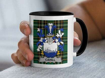 Cahill Irish family crest 11oz ceramic accent mug with black handle