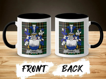 Cahill Irish family crest mug showing front and reverse design