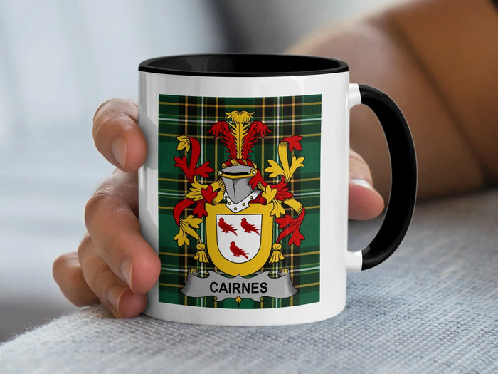 Cairnes Irish family crest 11oz ceramic accent mug with black handle