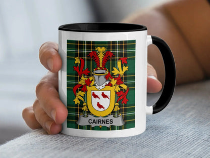 Cairnes Irish family crest 11oz ceramic accent mug with black handle