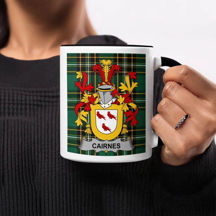 Cairnes family crest mug on Irish National Tartan