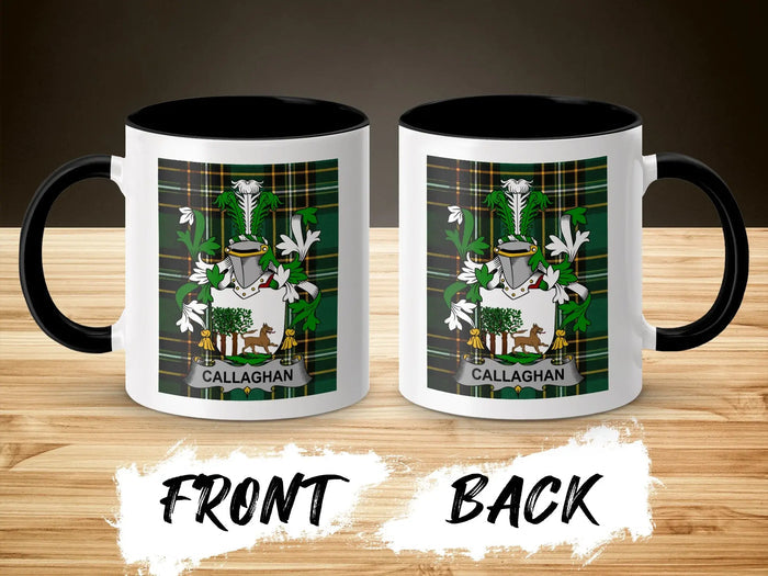 Callaghan Irish family crest mug showing front and reverse design