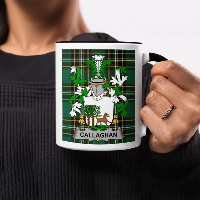 Callaghan family crest mug on Irish National Tartan