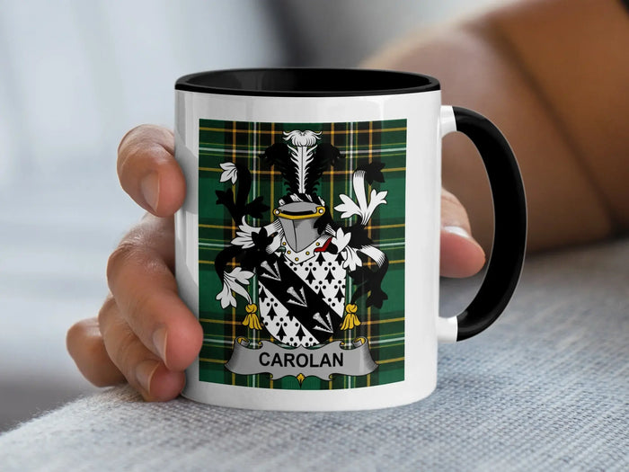 Carolan Irish surname mug with family crest on an Irish National Tartan background.