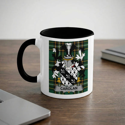 Carolan 11oz ceramic mug with black rim and surname emblem on Irish tartan.