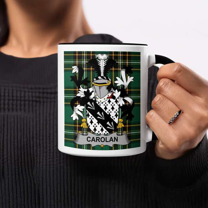 Carolan heritage mug featuring the family crest, black handle and tartan design.